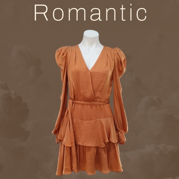 glam Dresses & Skirts - Boho Chic Short Ruffle Tiered Dress Feminine Long Sleeve Plunge V-neck Mini Sz S